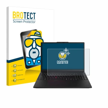 Face avant d’un emballage produit avec le logo de la marque BROTECT. À côté, l’appareil Lenovo ThinkPad P16s Gen 3 est représe
