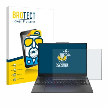 Face avant d’un emballage produit avec le logo de la marque BROTECT. À côté, l’appareil Lenovo ThinkPad E16 Gen 2 est représen