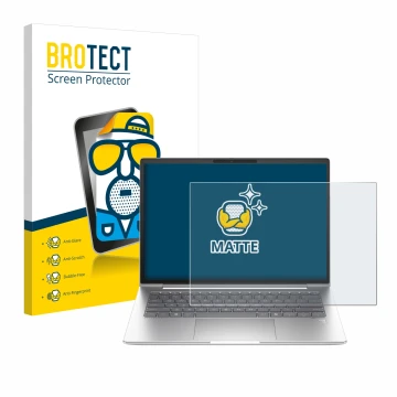 Face avant d’un emballage produit avec le logo de la marque BROTECT. À côté, l’appareil HP EliteBook 645 G11 est représenté av