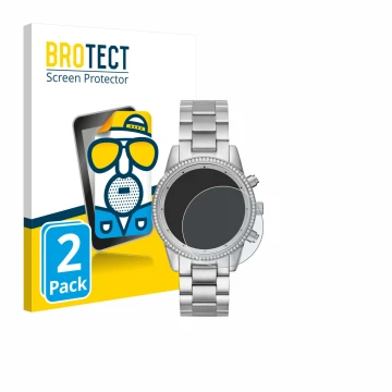 Face avant d’un emballage produit avec le logo de la marque BROTECT. À côté, l’appareil Michael Kors Ritz MK6428 est représent