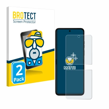Face avant d’un emballage produit avec le logo de la marque BROTECT. À côté, l’appareil Motorola Razr 50 est représenté avec l