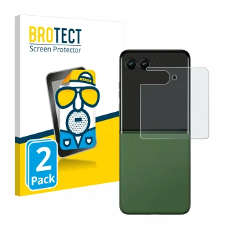 Face avant d’un emballage produit avec le logo de la marque BROTECT. À côté, l’appareil Motorola Razr 50 (Affichage arrière) e