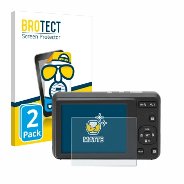 Face avant d’un emballage produit avec le logo de la marque BROTECT. À côté, l’appareil Kodak Pixpro FZ55 est représenté avec 