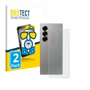 Face avant d’un emballage produit avec le logo de la marque BROTECT. À côté, l’appareil Samsung Galaxy Z Fold 6 5G (Arrière) e