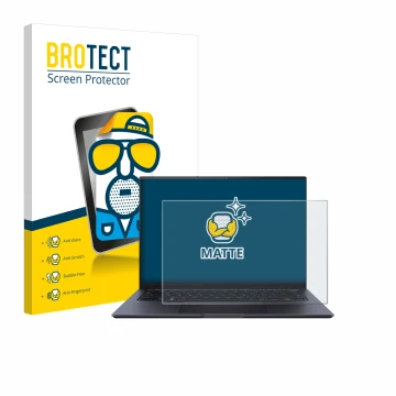 Face avant d’un emballage produit avec le logo de la marque BROTECT. À côté, l’appareil ASUS ZenBook Pro 14 UX6404V est représ