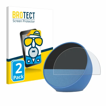 Face avant d’un emballage produit avec le logo de la marque BROTECT. À côté, l’appareil Amazon Echo Spot 2024 est représenté a