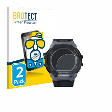 Face avant d’un emballage produit avec le logo de la marque BROTECT. À côté, l’appareil Casio G-Shock G-Squad GBD-300 est repr