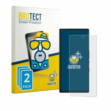 Face avant d’un emballage produit avec le logo de la marque BROTECT. À côté, l’appareil ZTE Nubia Red Magic 9S Pro est représe