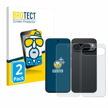 Face avant d’un emballage produit avec le logo de la marque BROTECT. À côté, l’appareil Google Pixel 9 Pro XL (Avant+Arrière) 