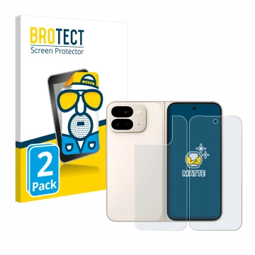 Face avant d’un emballage produit avec le logo de la marque BROTECT. À côté, l’appareil Google Pixel 9 Pro Fold (Avant+Arrière