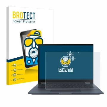 Face avant d’un emballage produit avec le logo de la marque BROTECT. À côté, l’appareil ASUS Vivobook S 14 Flip TN3402 est rep
