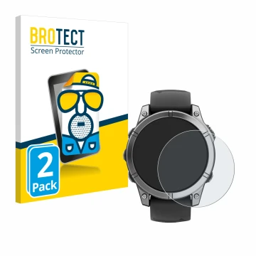 Face avant d’un emballage produit avec le logo de la marque BROTECT. À côté, l’appareil Garmin Fenix E est représenté avec la 