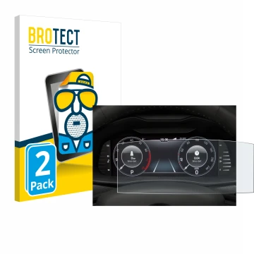 Face avant d’un emballage produit avec le logo de la marque BROTECT. À côté, l’appareil Skoda Virtual Cockpit 10.25