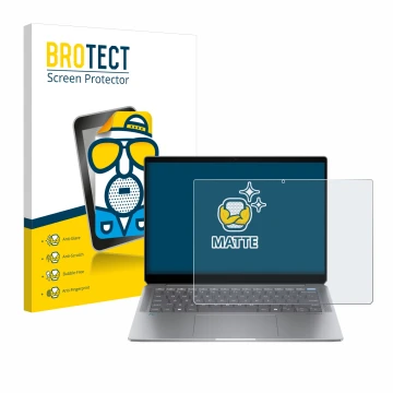 Face avant d’un emballage produit avec le logo de la marque BROTECT. À côté, l’appareil HP OmniBook Ultra Laptop 14-fd est rep