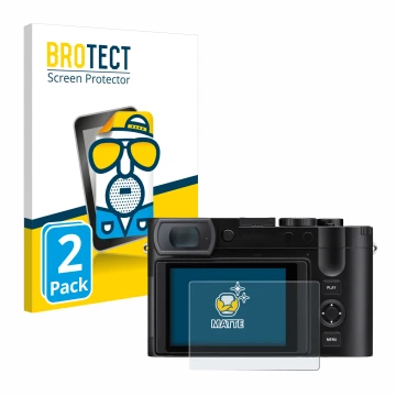 Face avant d’un emballage produit avec le logo de la marque BROTECT. À côté, l’appareil Leica Q3 43 est représenté avec la pro