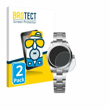 Face avant d’un emballage produit avec le logo de la marque BROTECT. À côté, l’appareil Rolex Oyster Perpetual 31 est représen