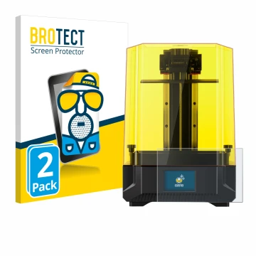 Face avant d’un emballage produit avec le logo de la marque BROTECT. À côté, l’appareil Anycubic Photon Mono X2 9,1