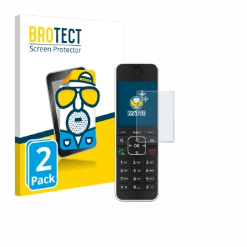 Face avant d’un emballage produit avec le logo de la marque BROTECT. À côté, l’appareil AVM Fritz!Fon C6 Black est représenté 
