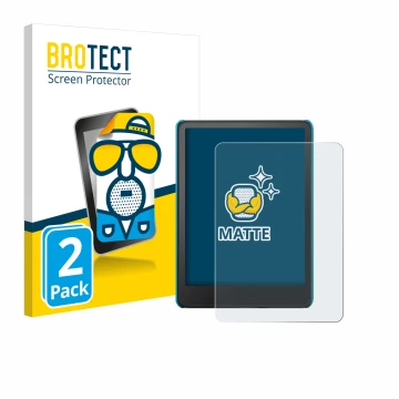 Face avant d’un emballage produit avec le logo de la marque BROTECT. À côté, l’appareil Amazon Kindle Paperwhite Kids 2024 est