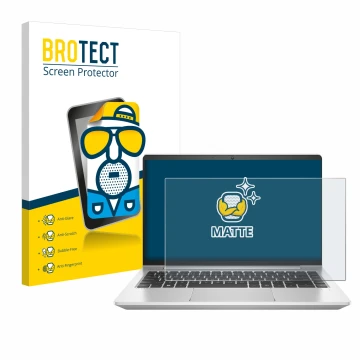 Face avant d’un emballage produit avec le logo de la marque BROTECT. À côté, l’appareil HP ProBook 445 G9 est représenté avec 