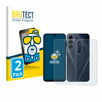 Face avant d’un emballage produit avec le logo de la marque BROTECT. À côté, l’appareil Samsung Galaxy A16 4G (Avant+Arrière) 