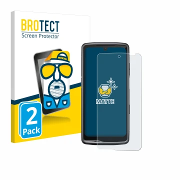 Face avant d’un emballage produit avec le logo de la marque BROTECT. À côté, l’appareil Crosscall Stellar M6 est représenté av