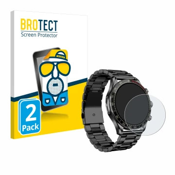 Face avant d’un emballage produit avec le logo de la marque BROTECT. À côté, l’appareil Maoo Titan Smartwatch 1.43