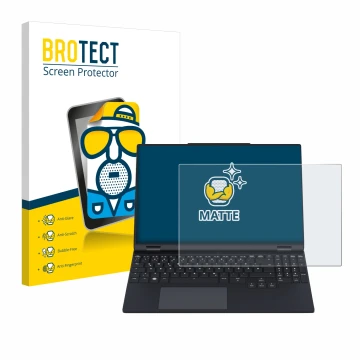 Face avant d’un emballage produit avec le logo de la marque BROTECT. À côté, l’appareil Tuxedo InfinityBook Pro 15 Gen 9 est r
