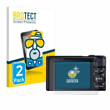 Face avant d’un emballage produit avec le logo de la marque BROTECT. À côté, l’appareil Canon PowerShot SX740 HS Lite est repr