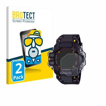Face avant d’un emballage produit avec le logo de la marque BROTECT. À côté, l’appareil Casio G-Shock GPR-H 1000 est représent