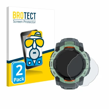 Face avant d’un emballage produit avec le logo de la marque BROTECT. À côté, l’appareil Garmin Instinct 3 AMOLED (50 mm) est r