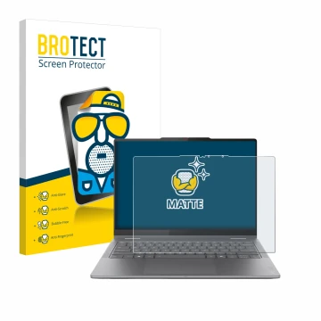 Face avant d’un emballage produit avec le logo de la marque BROTECT. À côté, l’appareil Lenovo Yoga 7i 2-in-1 Gen 10 14