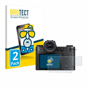 Face avant d’un emballage produit avec le logo de la marque BROTECT. À côté, l’appareil Leica SL3-S (Affichage + affichage des