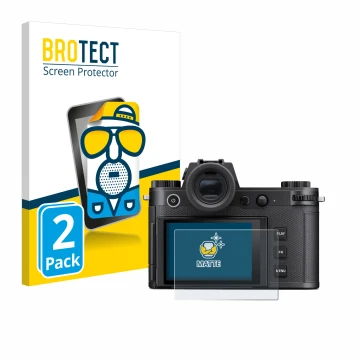 Face avant d’un emballage produit avec le logo de la marque BROTECT. À côté, l’appareil Leica SL3-S est représenté avec la pro