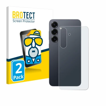 Face avant d’un emballage produit avec le logo de la marque BROTECT. À côté, l’appareil Samsung Galaxy S25 Plus (Arrière) est 