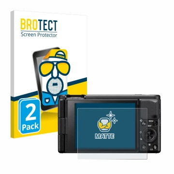 Face avant d’un emballage produit avec le logo de la marque BROTECT. À côté, l’appareil Sony ZV-1A est représenté avec la prot