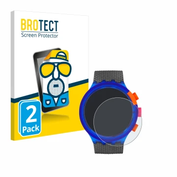 Face avant d’un emballage produit avec le logo de la marque BROTECT. À côté, l’appareil Swatch Neon Party est représenté avec 