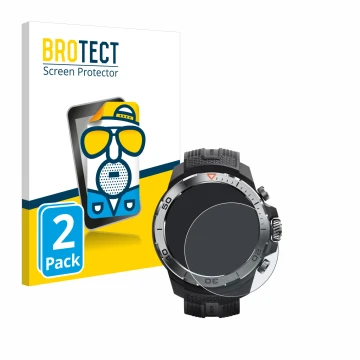 Face avant d’un emballage produit avec le logo de la marque BROTECT. À côté, l’appareil Xiaomi Mibro GS Explorer est représent