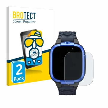 Face avant d’un emballage produit avec le logo de la marque BROTECT. À côté, l’appareil Xiaomi Mibro Kids Z3 est représenté av