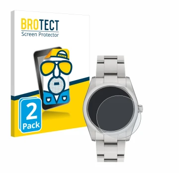 Face avant d’un emballage produit avec le logo de la marque BROTECT. À côté, l’appareil Rolex Oyster Perpetual 34 est représen