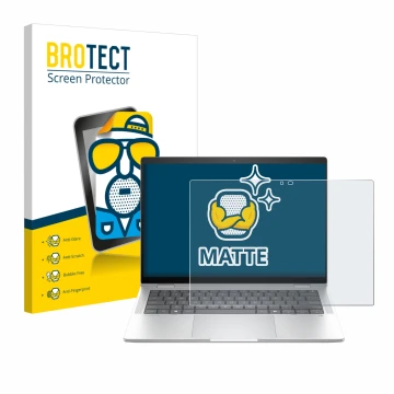 Face avant d’un emballage produit avec le logo de la marque BROTECT. À côté, l’appareil HP EliteBook X Flip G1i 14