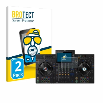 Face avant d’un emballage produit avec le logo de la marque BROTECT. À côté, l’appareil Pioneer XDJ-AZ est représenté avec la 