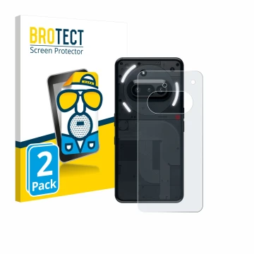 Face avant d’un emballage produit avec le logo de la marque BROTECT. À côté, l’appareil Nothing Phone (3a) (Arrière) est repré