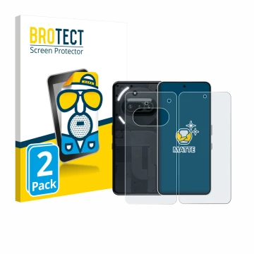 Face avant d’un emballage produit avec le logo de la marque BROTECT. À côté, l’appareil Nothing Phone (3a) (Avant+Arrière) est