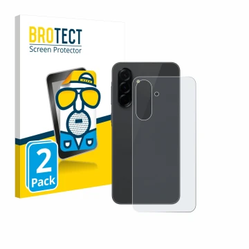 Face avant d’un emballage produit avec le logo de la marque BROTECT. À côté, l’appareil Samsung Galaxy A36 5G (Arrière) est re