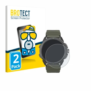 Face avant d’un emballage produit avec le logo de la marque BROTECT. À côté, l’appareil Hammer Watch 2 Military Edition est re
