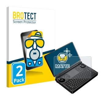Face avant d’un emballage produit avec le logo de la marque BROTECT. À côté, l’appareil GPD Win Mini (2025) est représenté ave