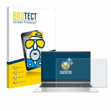 Face avant d’un emballage produit avec le logo de la marque BROTECT. À côté, l’appareil HP EliteBook 855 G8 est représenté ave