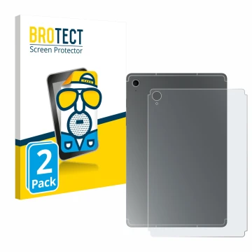 Face avant d’un emballage produit avec le logo de la marque BROTECT. À côté, l’appareil Samsung Galaxy Tab S10 FE (Arrière) es