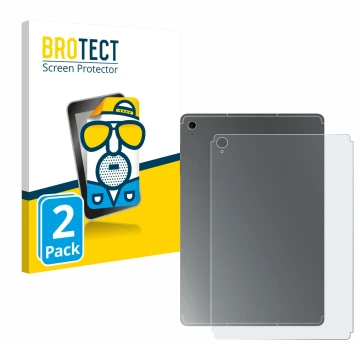 Face avant d’un emballage produit avec le logo de la marque BROTECT. À côté, l’appareil Samsung Galaxy Tab S10 FE+ (Arrière) e